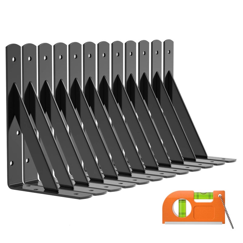 LuckIn 12-Pack Heavy Duty Shelf Bracket 8 Inch, Wall Fit for 8 10 Inch Floating Shelves, L Brackets with 90 Degree Triangle, 250 LBS Max Load, Mounting Hardware Included, Black - Image 1